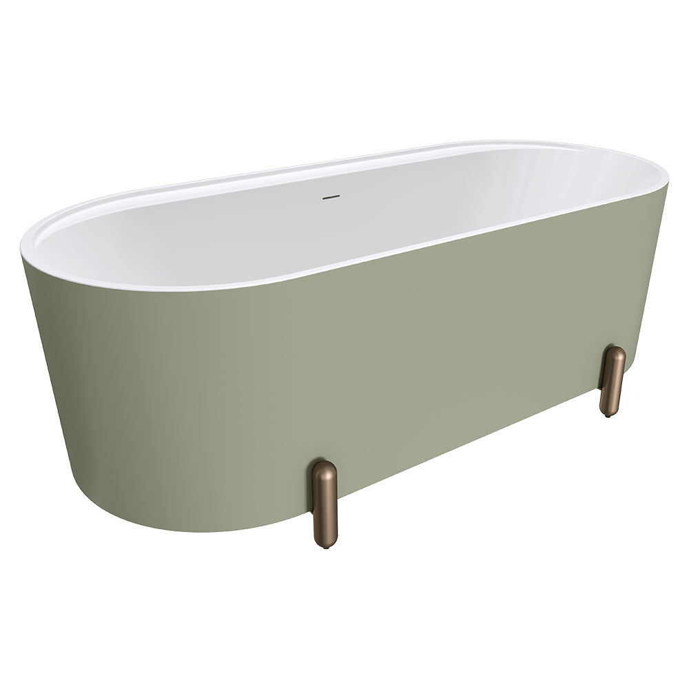 Aluca Freestanding Bath, 1700mm Matt Olive with Brushed Copper Legs with overflow