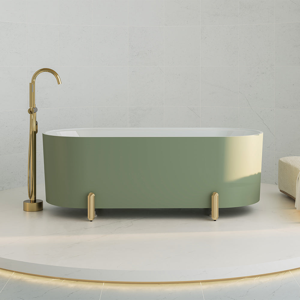 Aluca Freestanding Bath, 1700mm Matt Olive with Urban Brass Legs with overflow