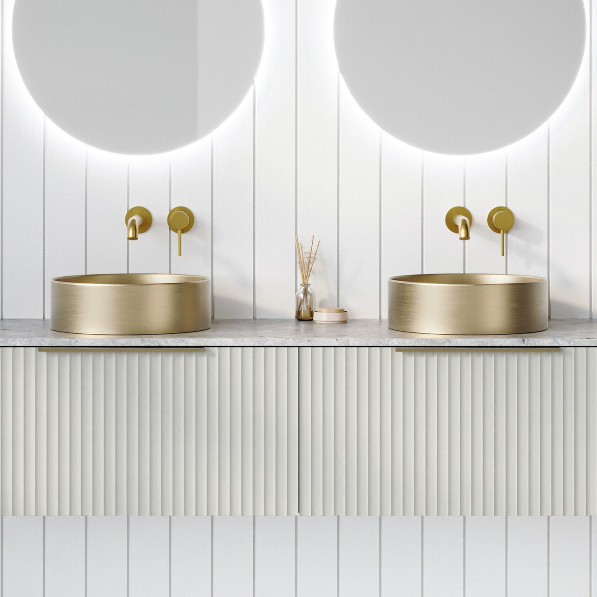 A lifestyle image of Timberline's Luxe Basin 360mm Brushed Gold