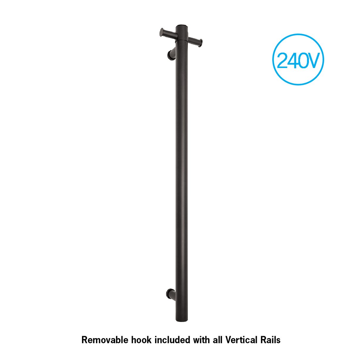 Thermorail Straight/Round 240Volt Vertical Bar 900x142x100mm 22Watt With Optional Hook - Matt Black