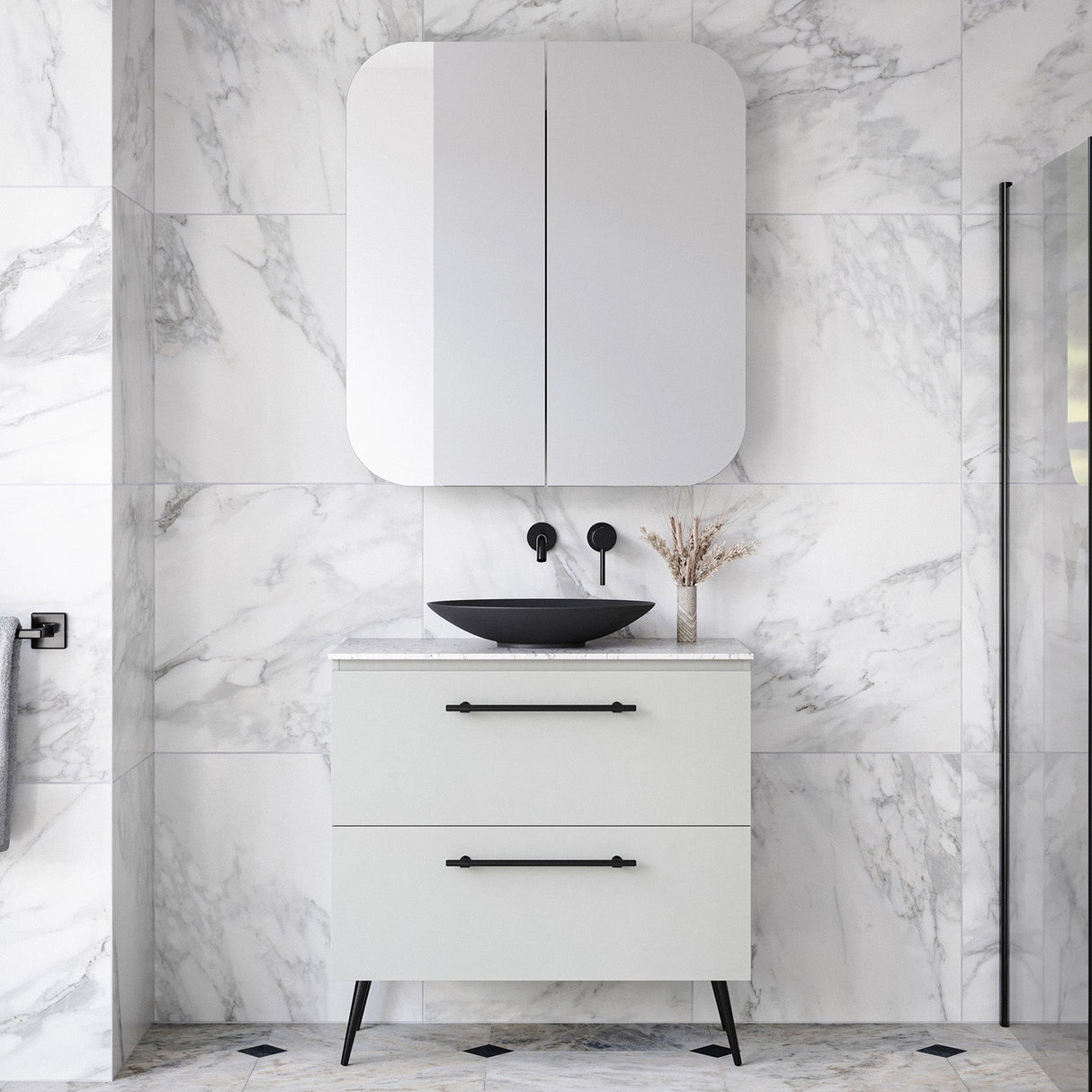 Nevada Plus Vanity 900mm Centre White Gloss Above Counter Basin SilkSurface Top On Legs (NEVP-V-900-C-SSA-L)