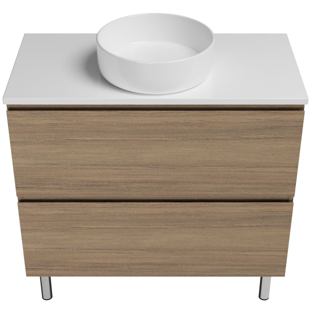 Nevada Plus Vanity 900mm Centre White Gloss Above Counter Basin SilkSurface Top On Legs (NEVP-V-900-C-SSA-L)