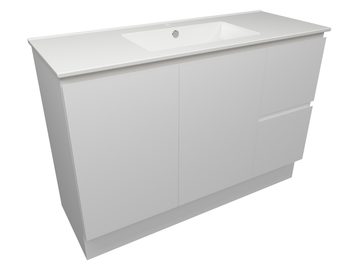 Nevada Quickship Vanity 1200mm White Satin Centre Bowl 1 Tap Hole Alpha Top Floor standing (NEVQ-V-1200-C-APH-F)