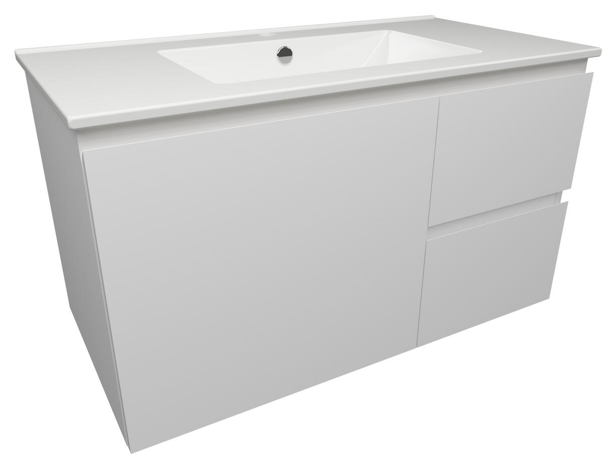 Nevada Quickship Vanity 900mm White Satin Centre Bowl 1 Tap Hole Alpha Top Wall hung (NEVQ-V-900-C-APH-W)