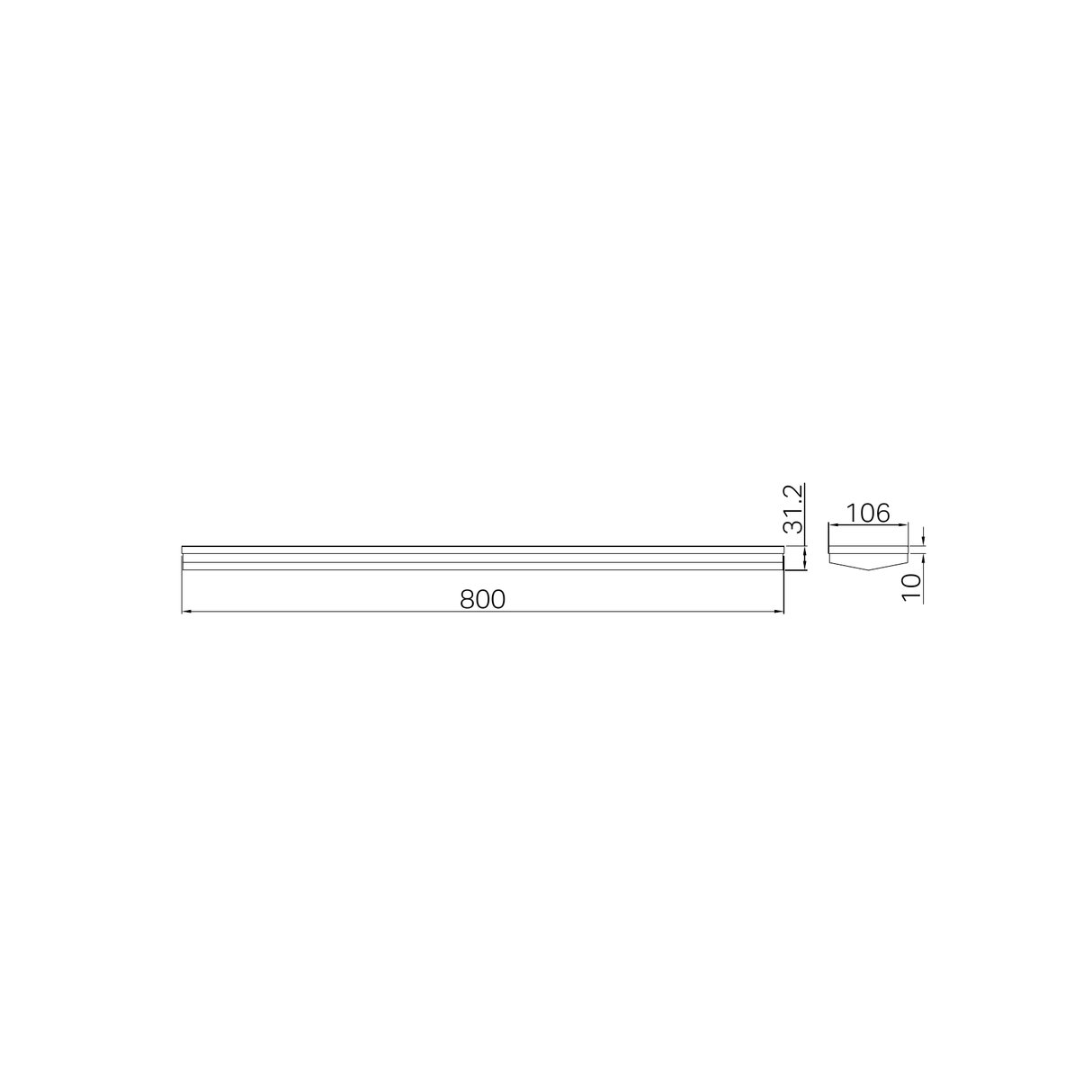 A line drawing of a rectangular bar with dimensions labeled