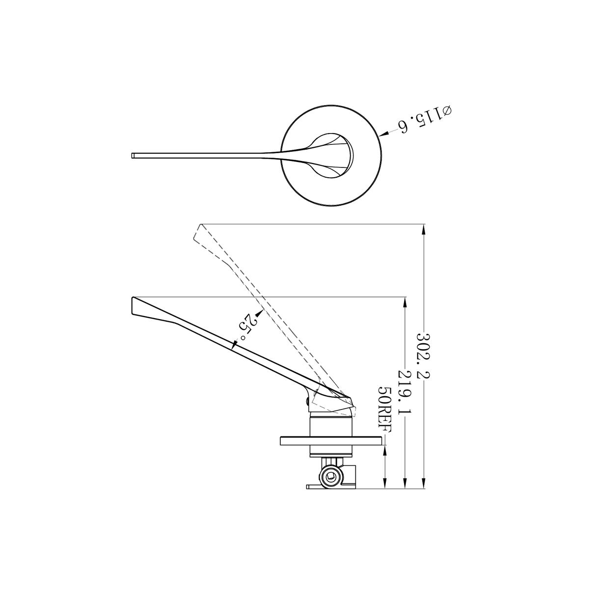 A line drawing of Nero Tapware Classic Care Shower Mixer Extended Handle Chrome