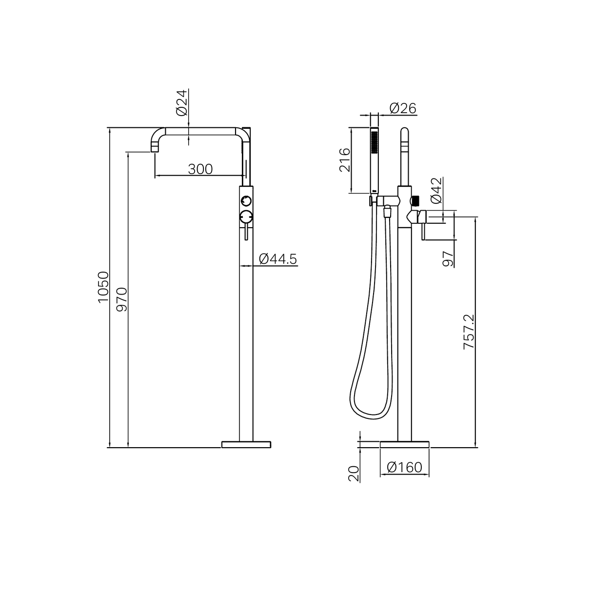A line drawing of Nero Tapware Zen SS316L Freestanding Bath Mixer Brushed Nickel