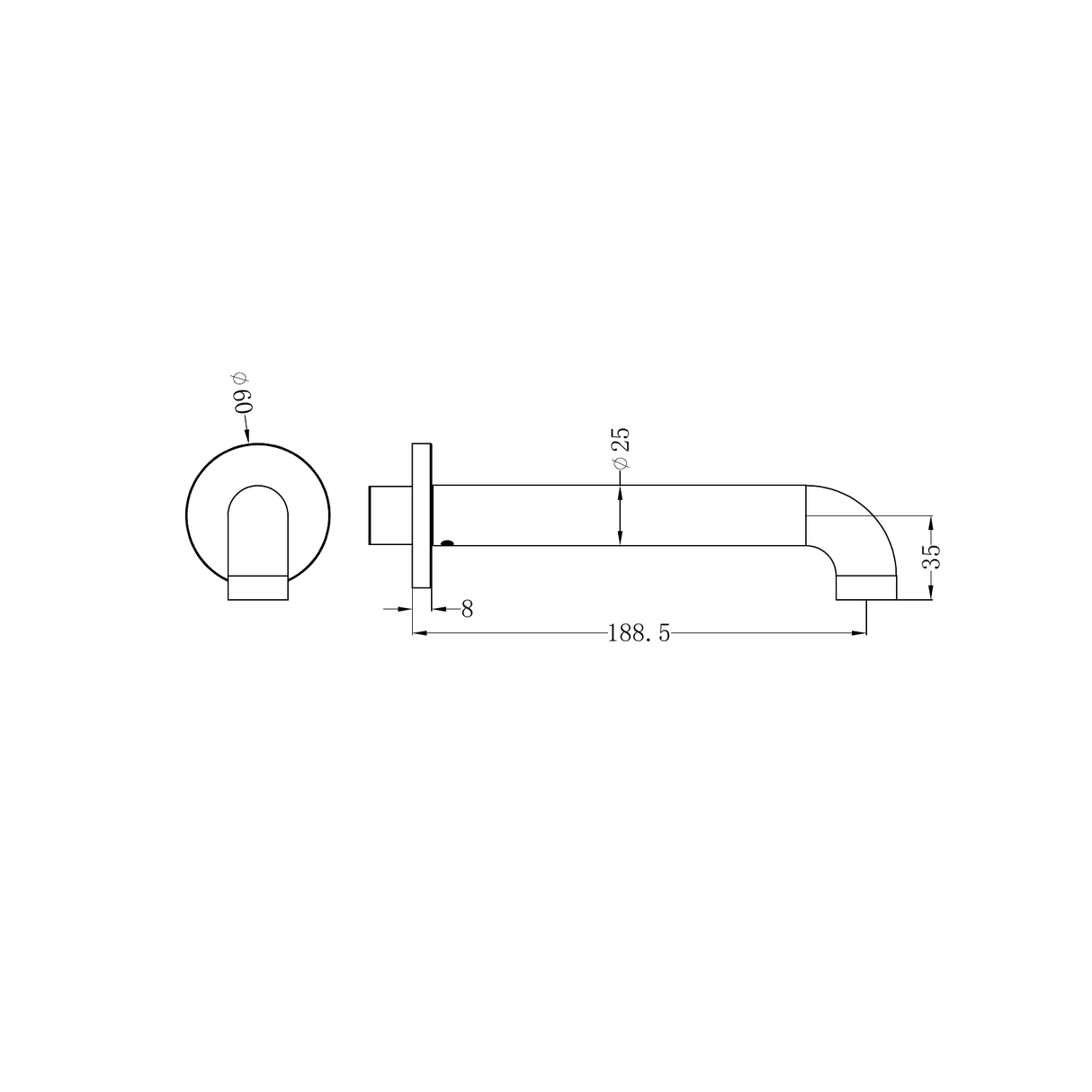 A line drawing of Nero Tapware Zen SS316L Round Basin/Bath Spout Only 185mm Brushed Gold