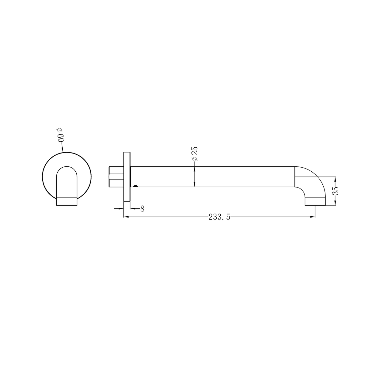 A line drawing of Nero Tapware Zen SS316L Round Basin/Bath Spout Only 230mm Brushed Bronze