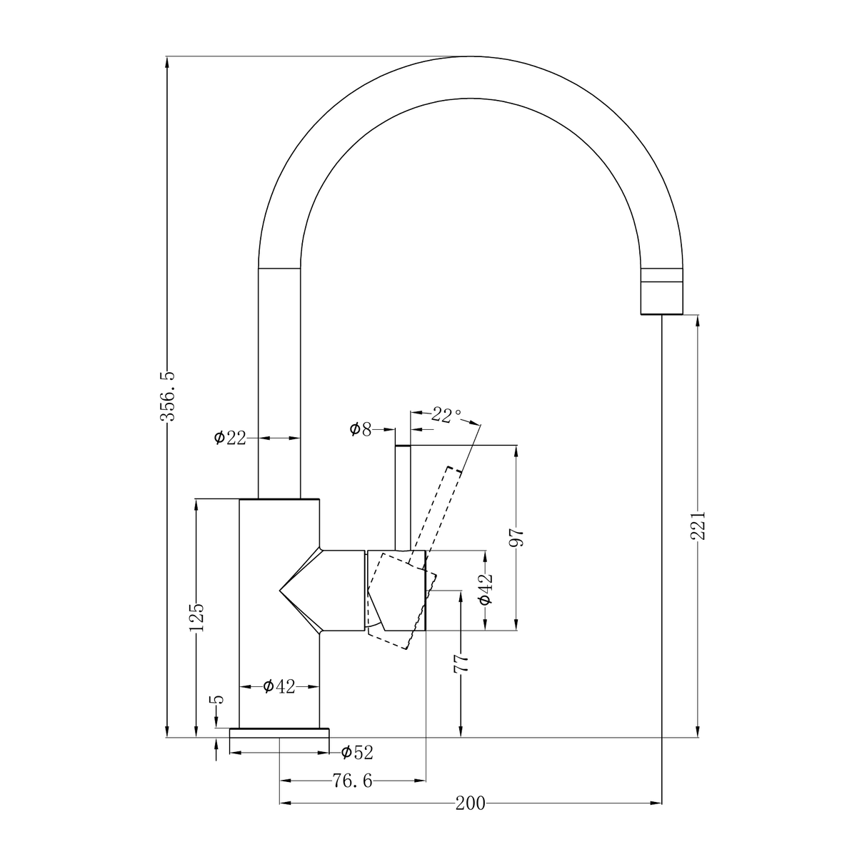 A line drawing of Nero Tapware Zen SS316L Kitchen Mixer Brushed Nickel