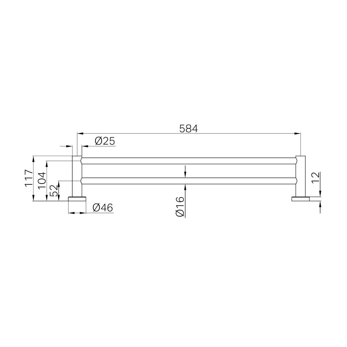 A line drawing of Nero Tapware Mecca Double Towel Rail 600mm Brushed Bronze