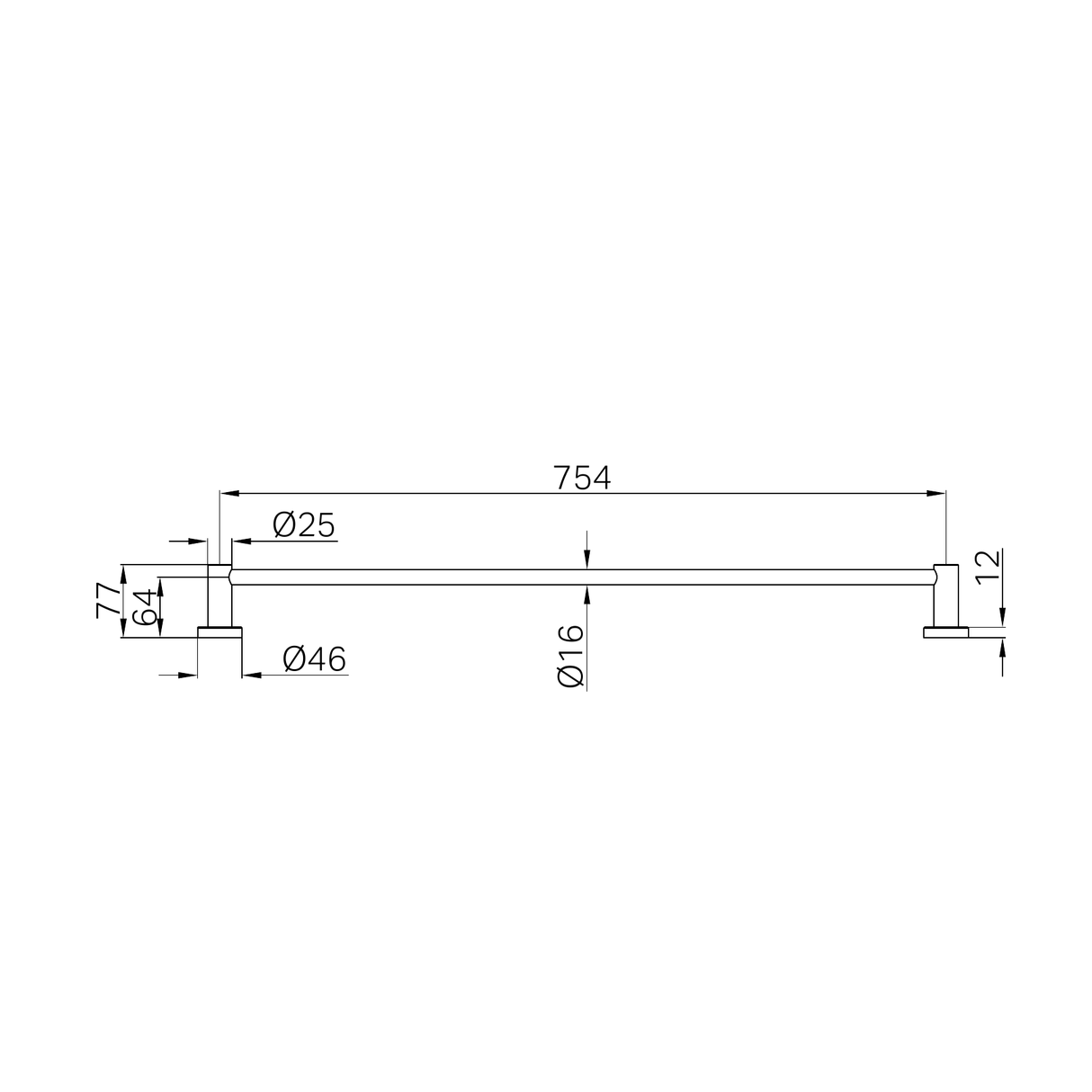 A line drawing of Nero Tapware Mecca Single Towel Rail 800mm Matte Black