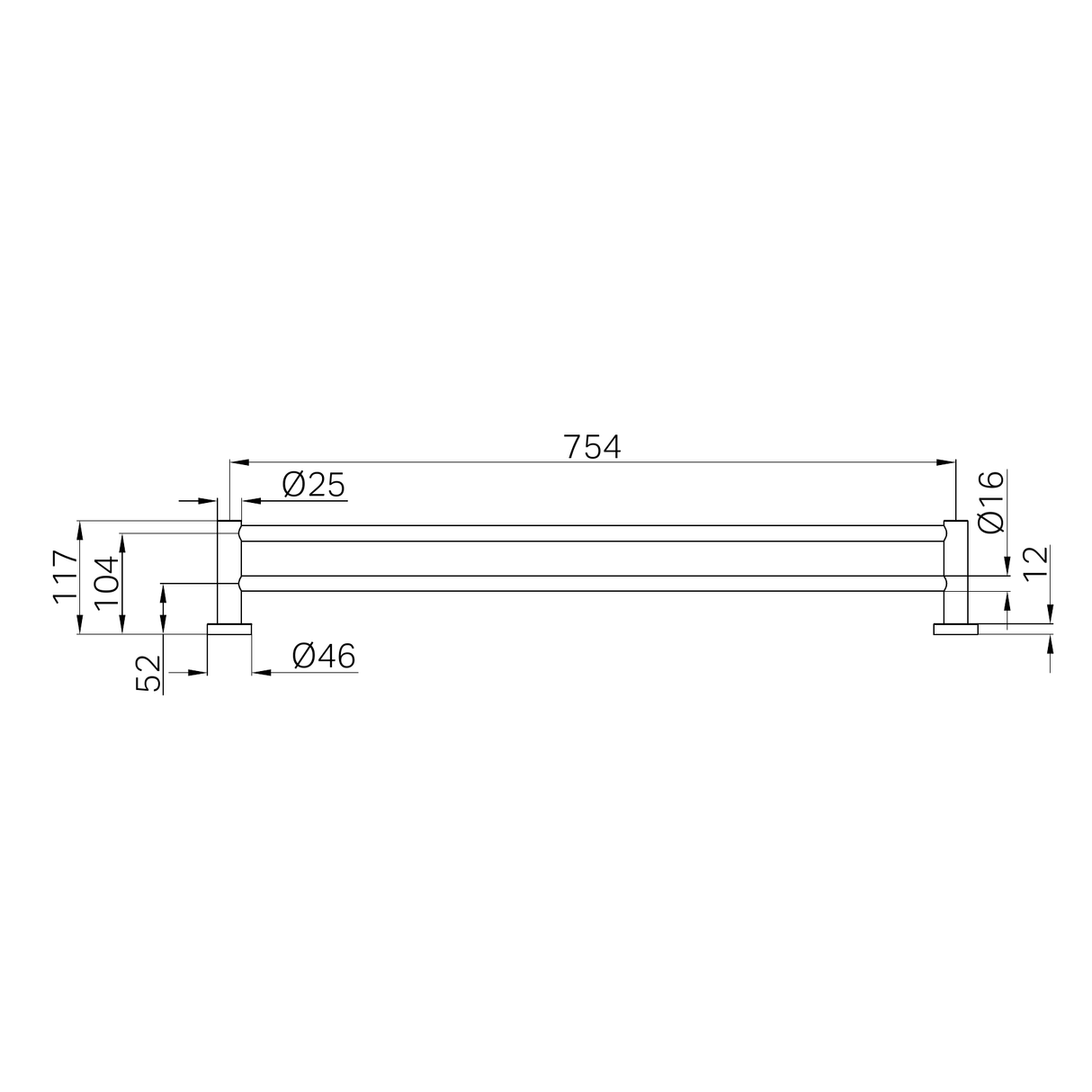 A line drawing of Nero Tapware Mecca Double Towel Rail 800mm Gun Metal