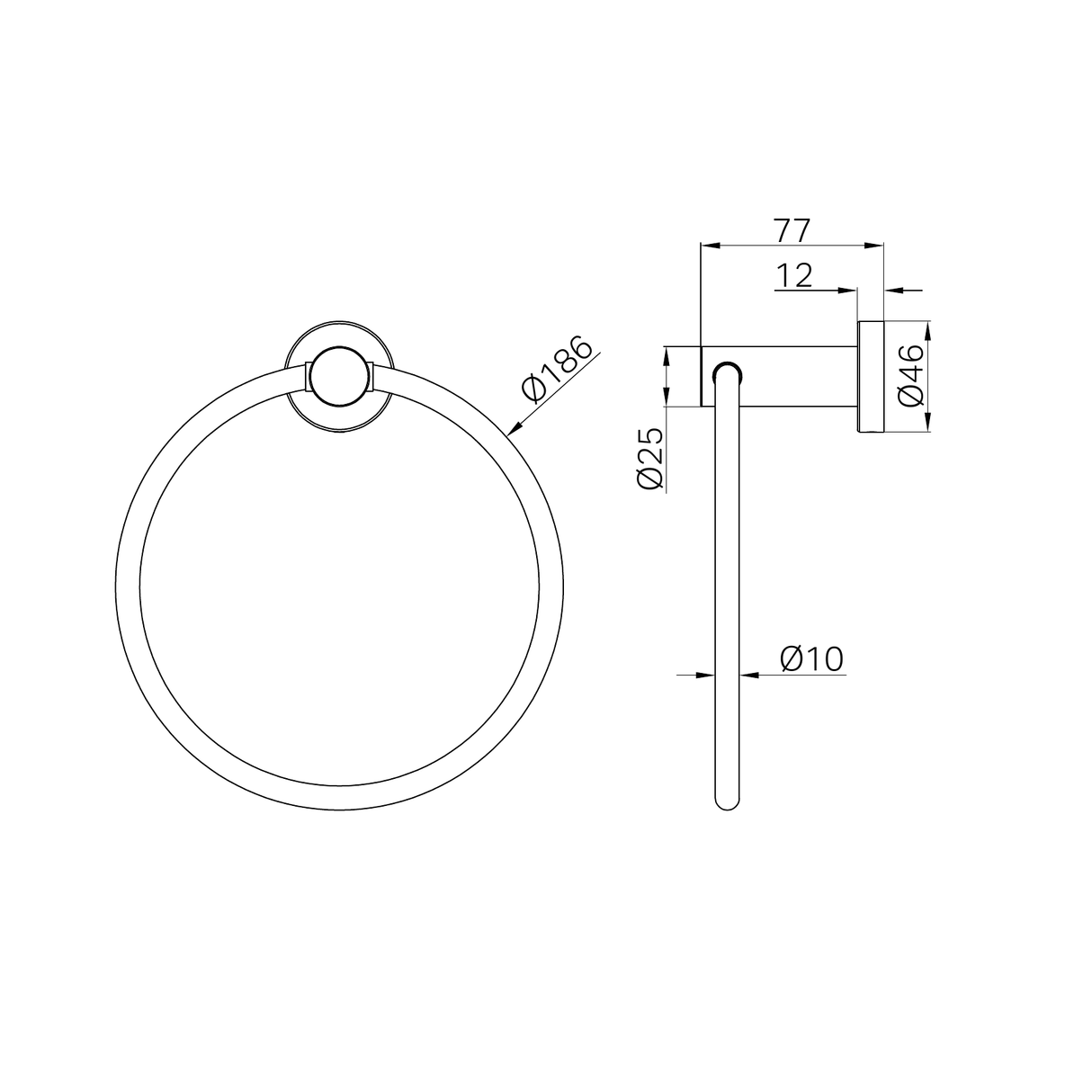 A line drawing of Nero Tapware Mecca Hand Towel Ring Matte White