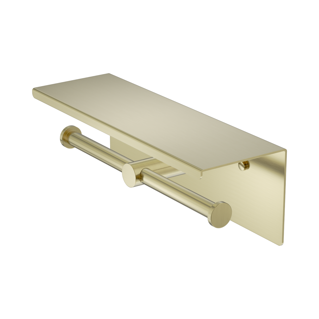An image of Nero Tapware Mecca Double Toilet Roll Holder With Shelf Brushed Gold