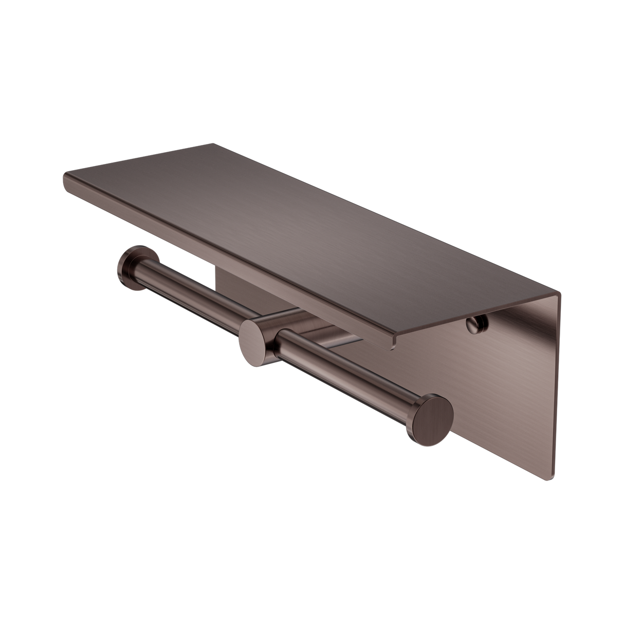 An image of Nero Tapware Mecca Double Toilet Roll Holder With Shelf Brushed Bronze