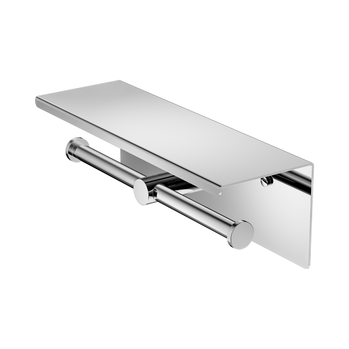 An image of Nero Tapware Mecca Double Toilet Roll Holder With Shelf Chrome