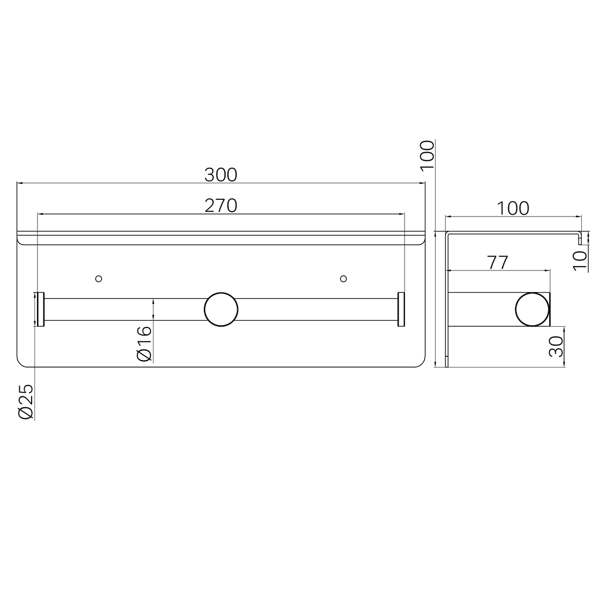 A line drawing of Nero Tapware Mecca Double Toilet Roll Holder With Shelf Matte White