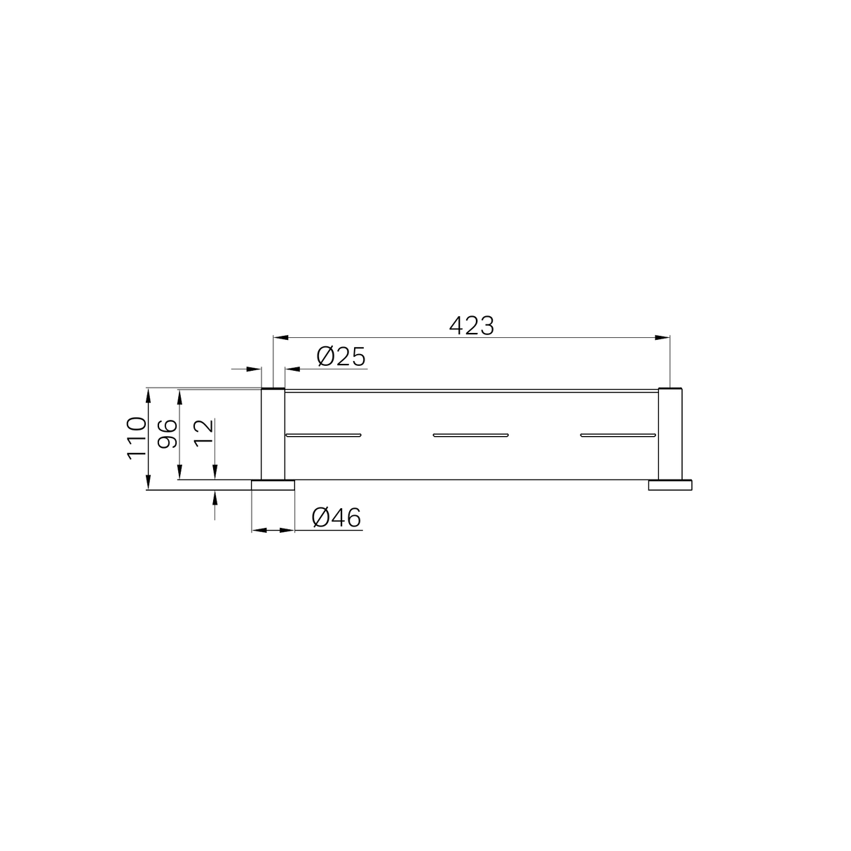 A line drawing of Nero Tapware Mecca Metal Shower Shelf Chrome