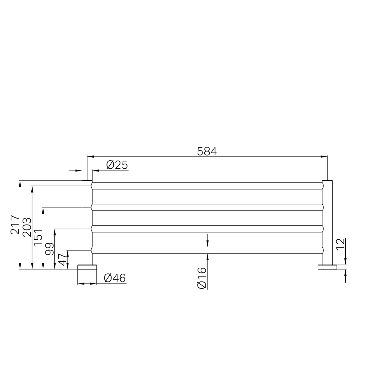 A line drawing of Nero Tapware Mecca Towel Rack Brushed Bronze