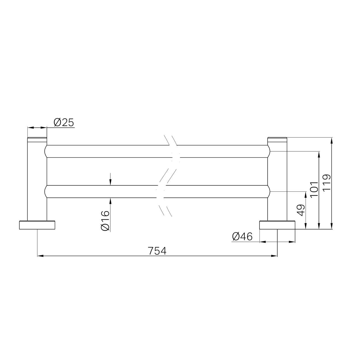 A line drawing of Nero Tapware Dolce II Double Towel Rail 800mm Gun Metal