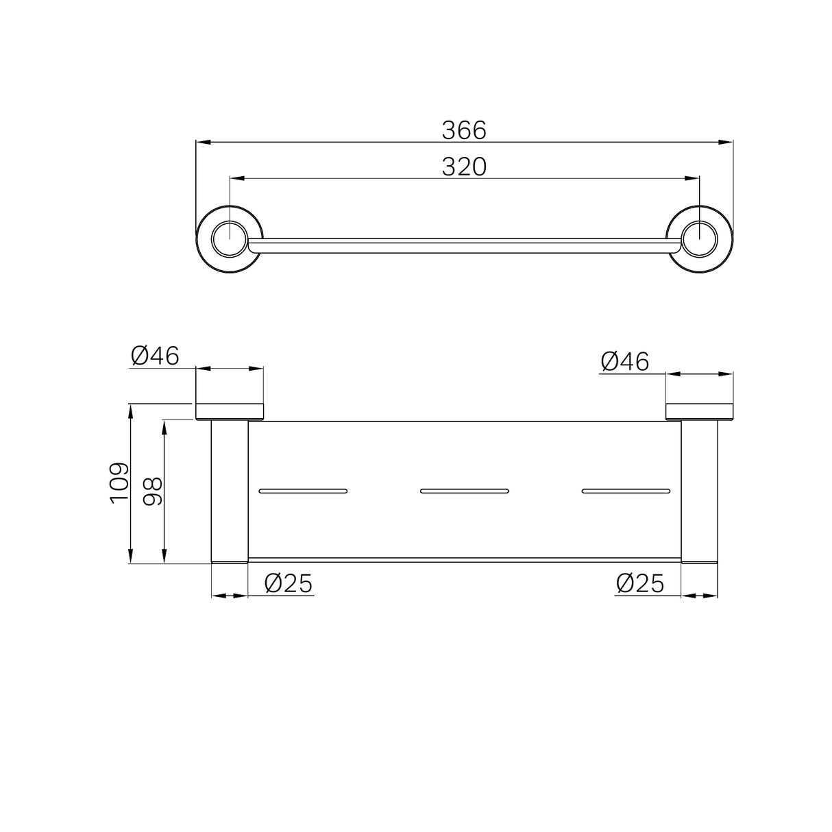 A line drawing of Nero Tapware Dolce II Metal Shower Shelf Brushed Gold