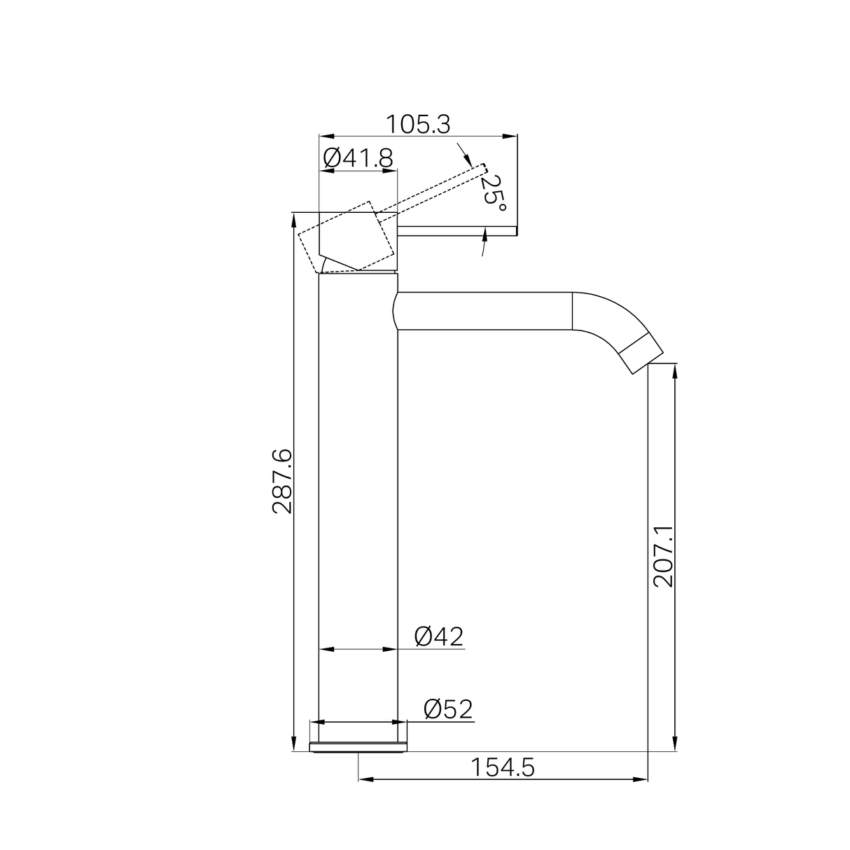 A line drawing of Nero Tapware Mecca Tall Basin Mixer Matte White