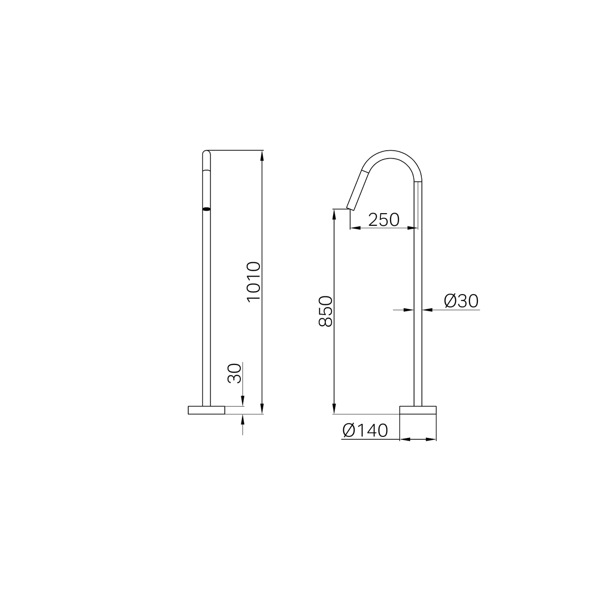 A line drawing of Nero Tapware Mecca Freestanding Bath Spout Only Matte White