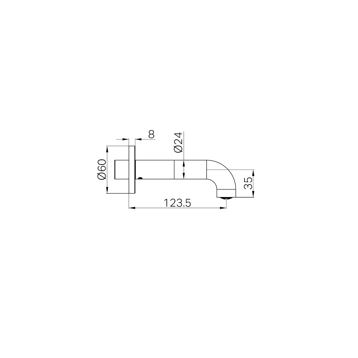 A line drawing of Nero Tapware Mecca Basin/Bath Spout Only 120mm Chrome