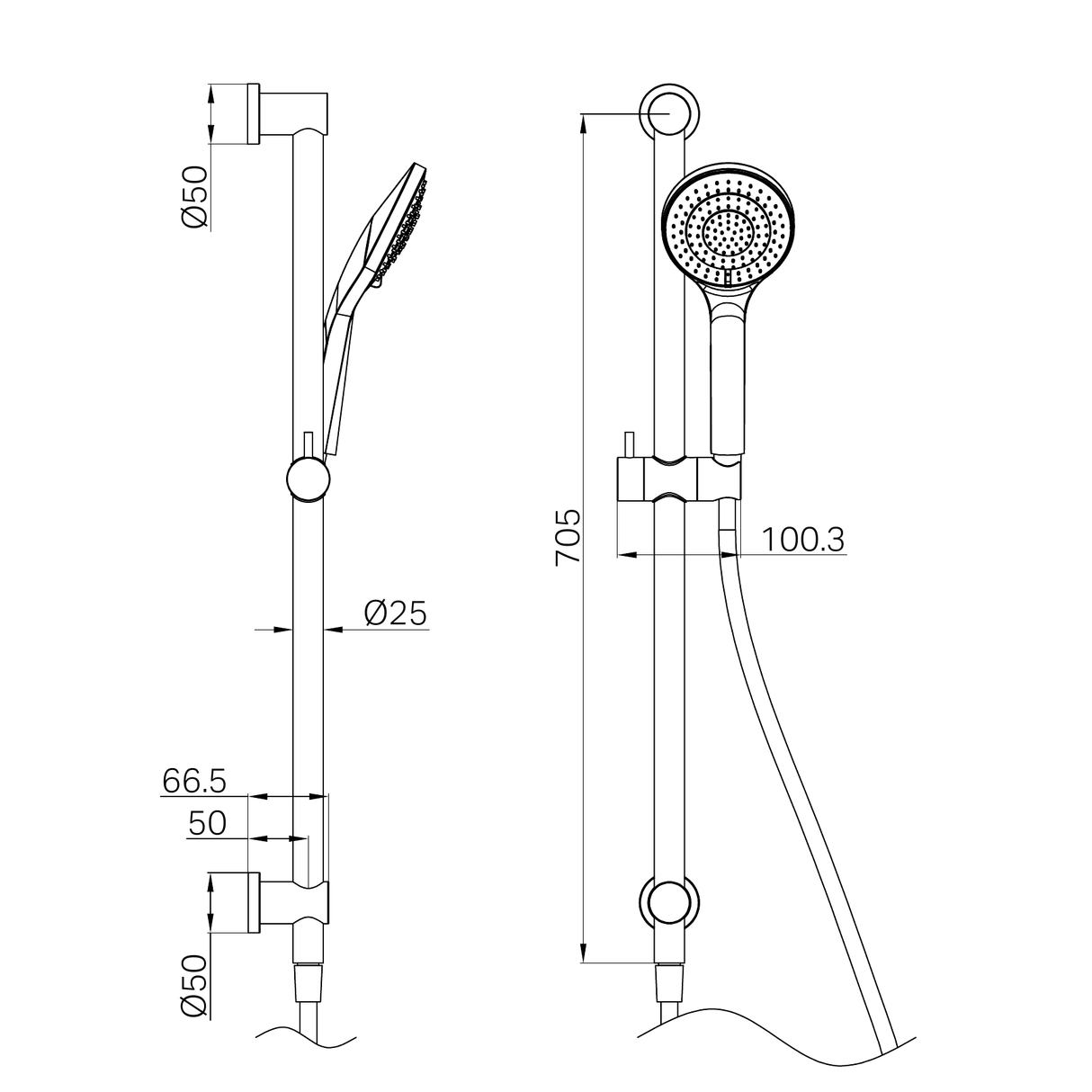 A line drawing of Nero Tapware Mecca Shower Rail With Air Shower Brushed Gold