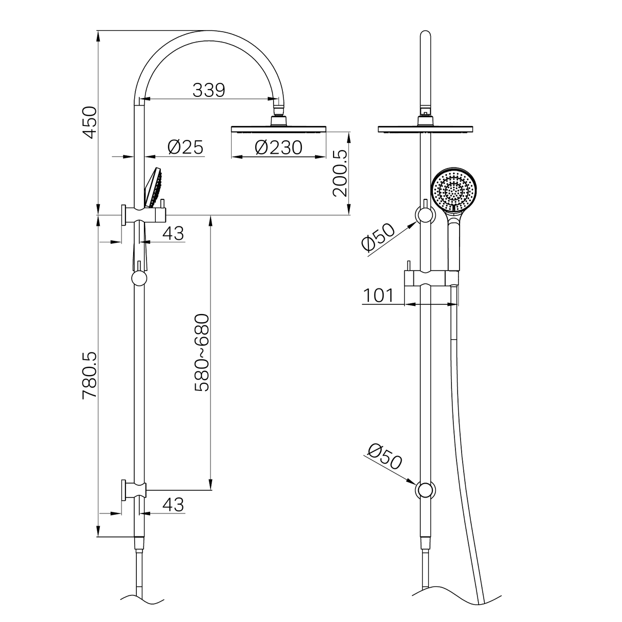 A line drawing of Nero Tapware Mecca Twin Shower With Air Shower Brushed Gold