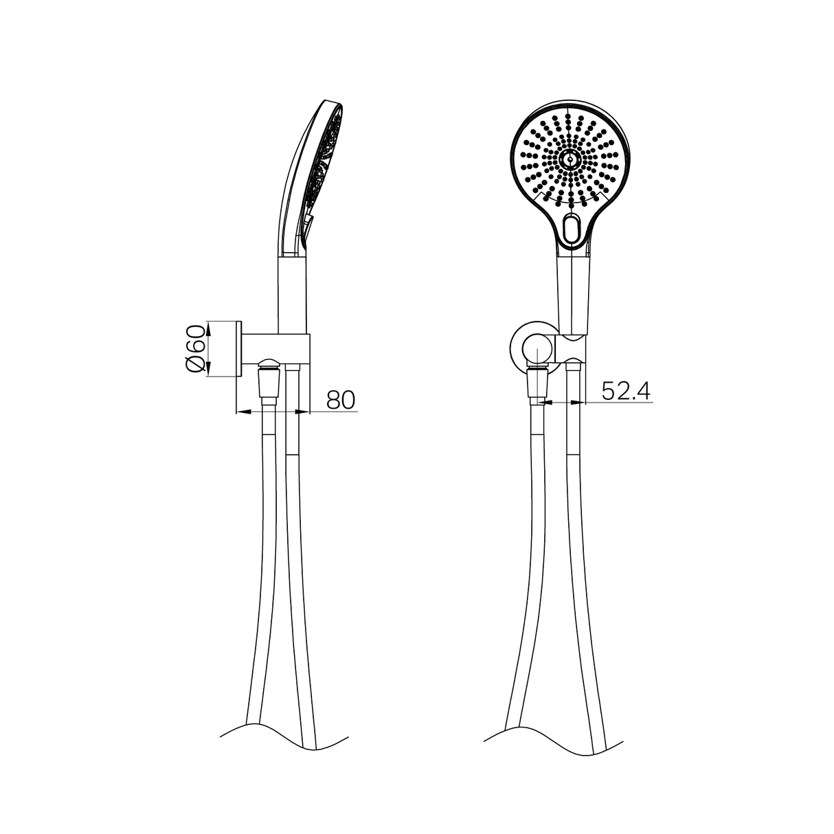 A line drawing of Nero Tapware Mecca Shower On Bracket Gun Metal