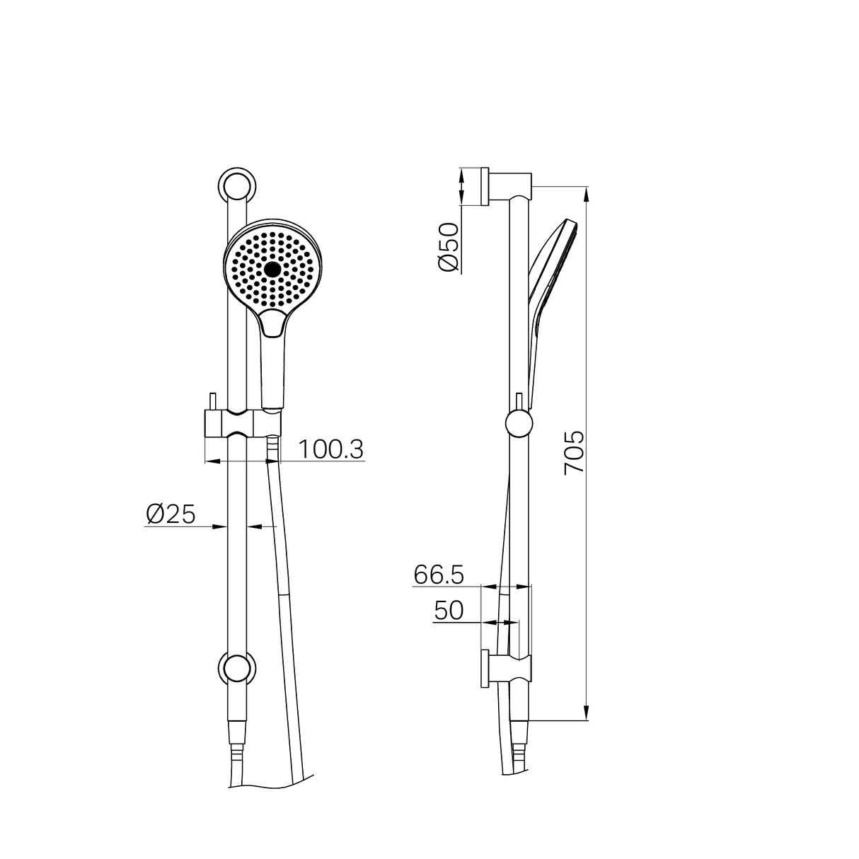 A line drawing of Nero Tapware Mecca Shower Rail With Air Shower II Matte White