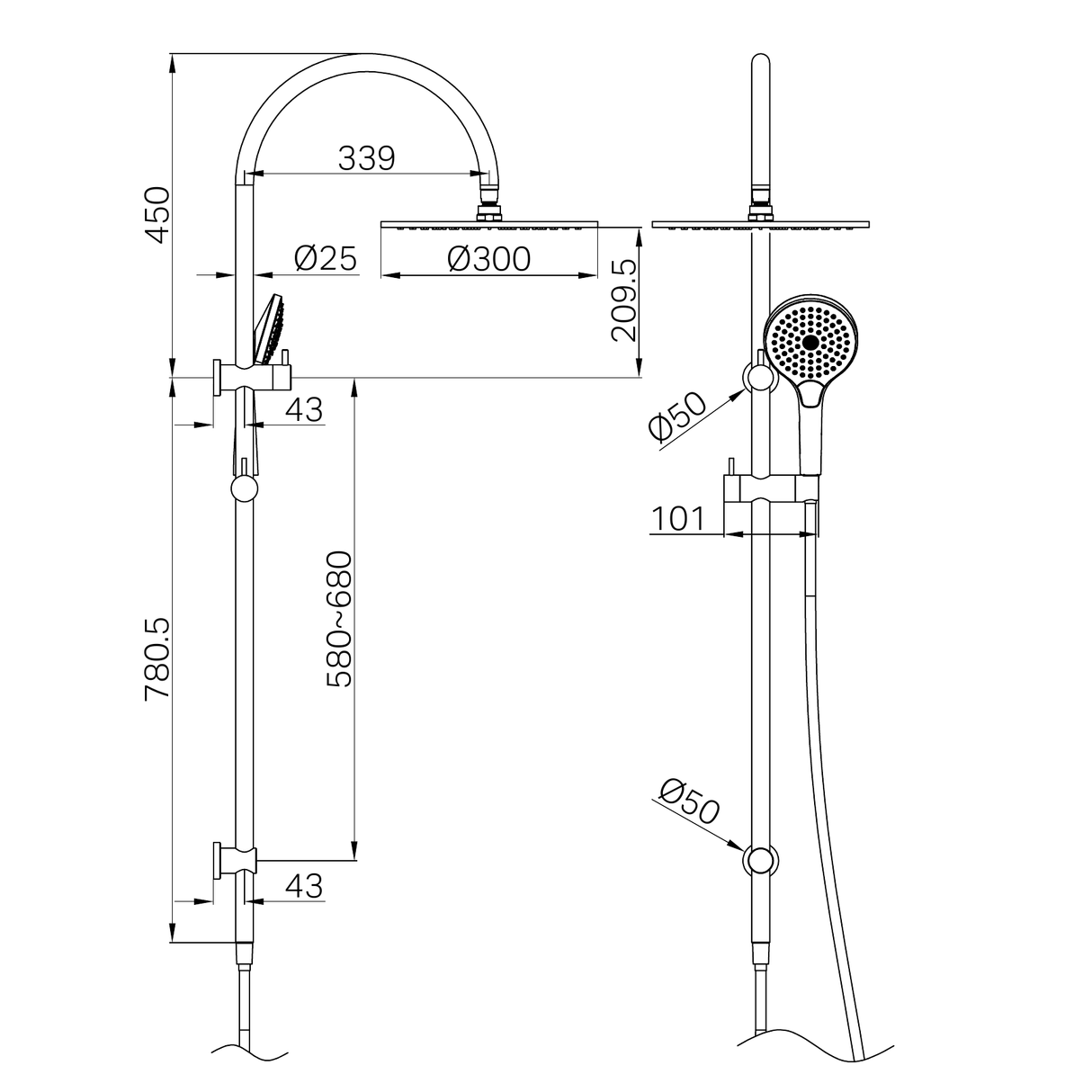 A line drawing of Nero Tapware Mecca Twin Shower With Air Shower II Gun Metal