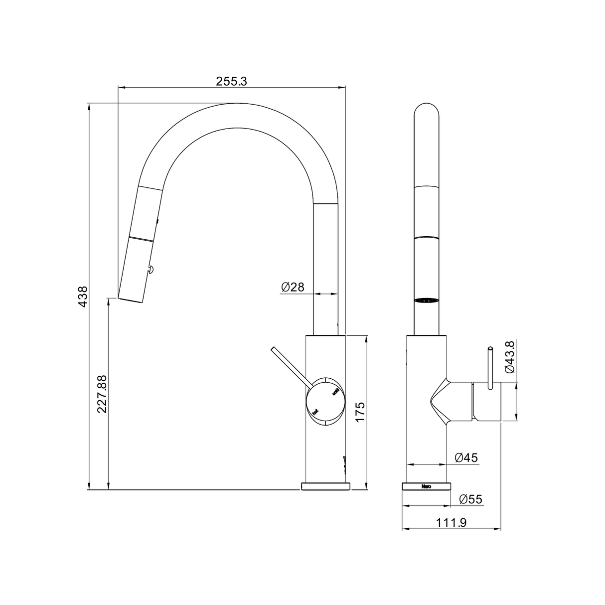 A line drawing of Nero Tapware Mecca Smart Sensor Pull Out Kitchen Mixer Matte white