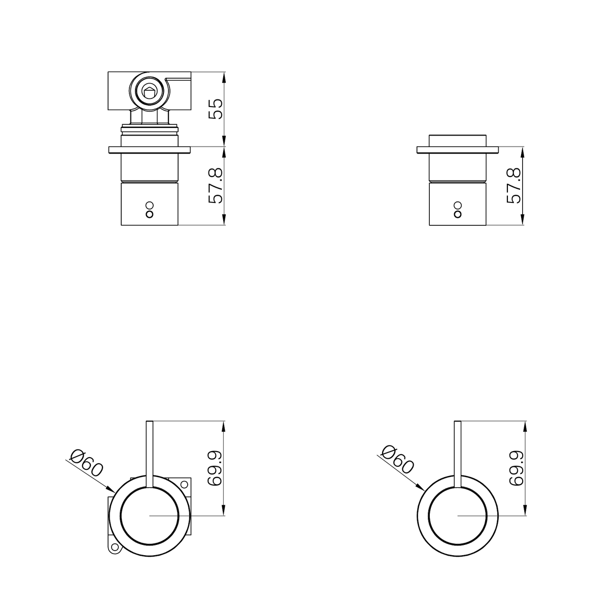 A line drawing of Nero Tapware Mecca Shower Mixer 60mm Handle Up Plate Trim Kits Only Matte White