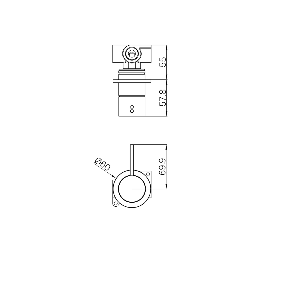 A line drawing of Nero Tapware Mecca Shower Mixer 60mm Handle Up Plate Chrome