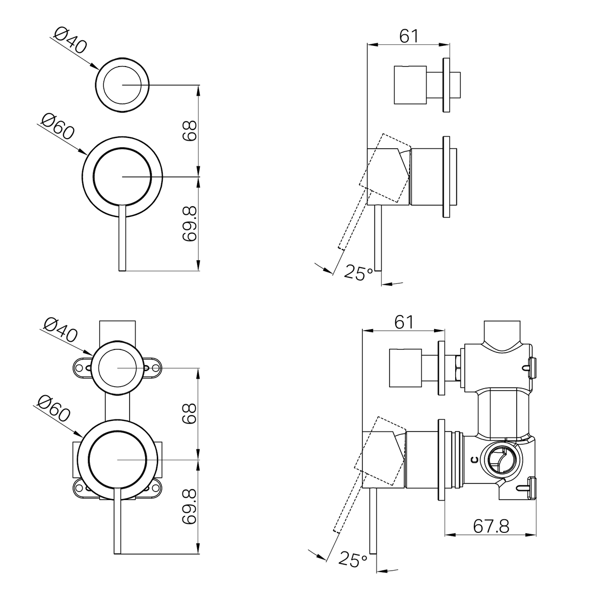A line drawing of Nero Tapware Mecca Shower Mixer With Diverter Separate Back Plate Trim Kits Only Brushed Nickel