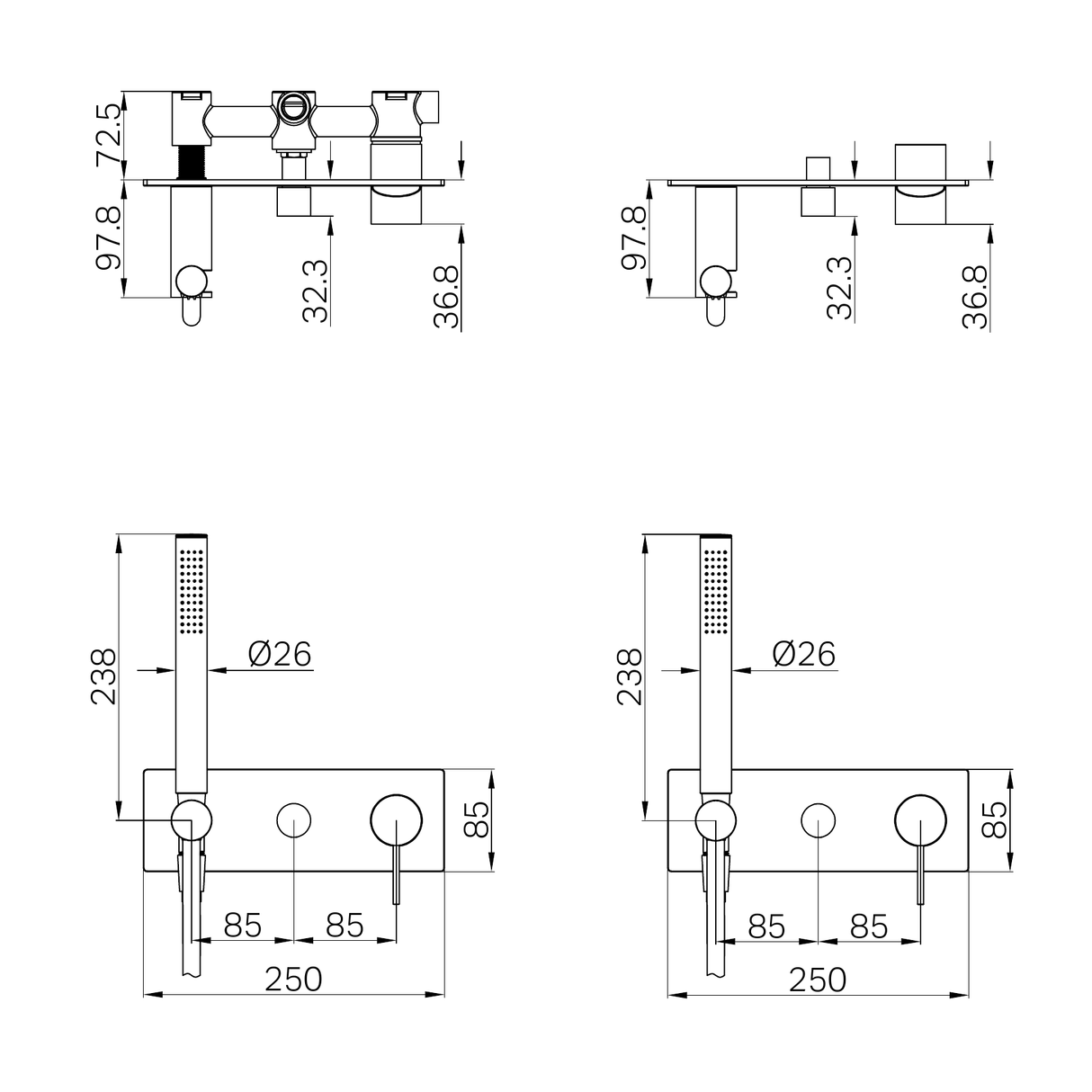 A line drawing of Nero Tapware Mecca Shower Mixer Diverter System Trim Kits Only Gun Metal