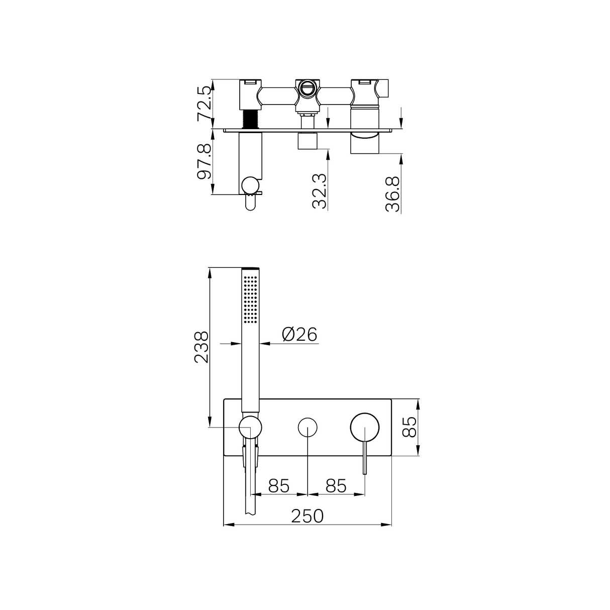 A line drawing of Nero Tapware Mecca Shower Mixer Diverter System Gun Metal