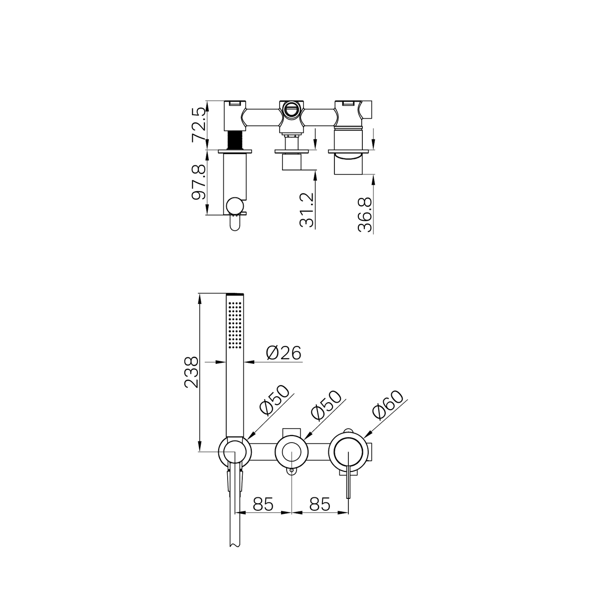 A line drawing of Nero Tapware Mecca Shower Mixer Diverter System Separate Back Plate Matte Black
