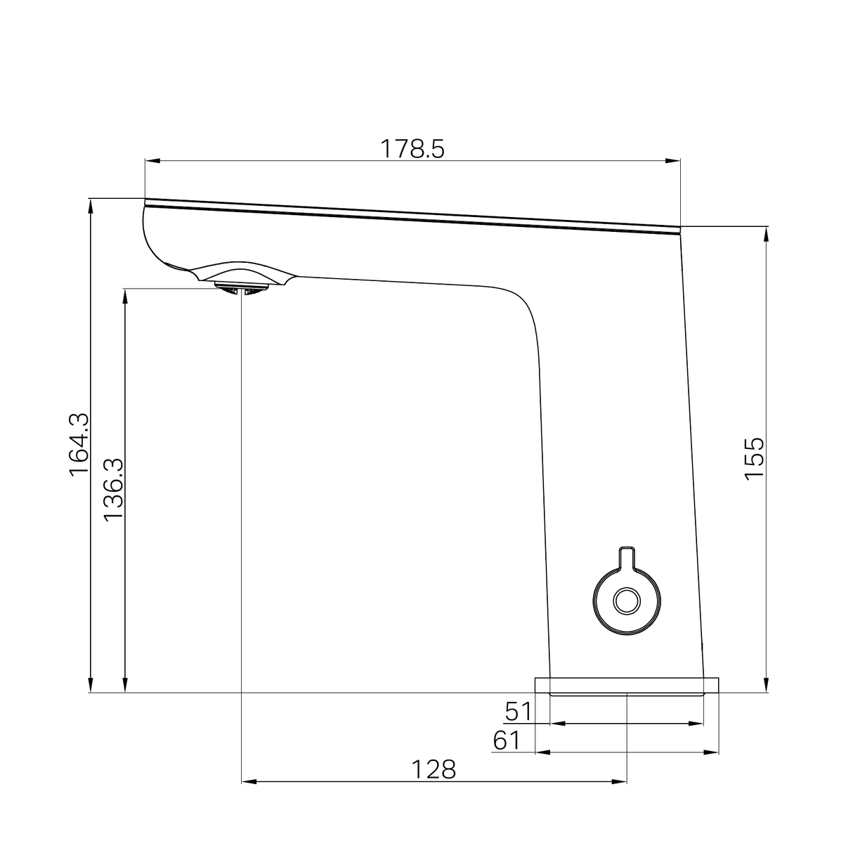 A line drawing of Nero Tapware Claudia Sensor Mixer With Black Top Display Gun Metal