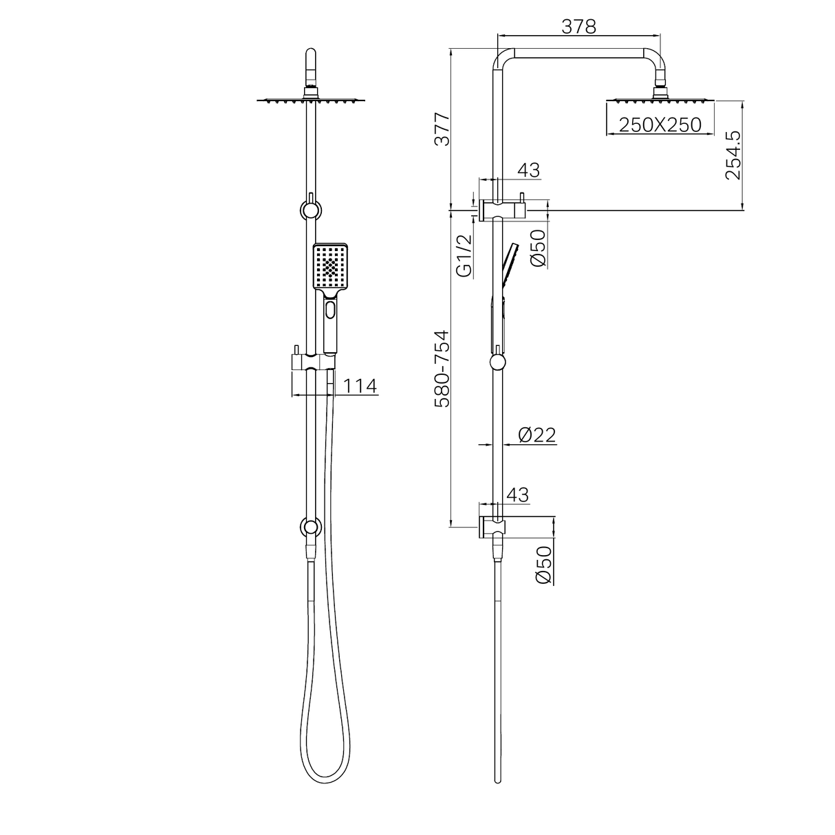 A line drawing of Nero Tapware Square Project Twin Shower Gun Metal