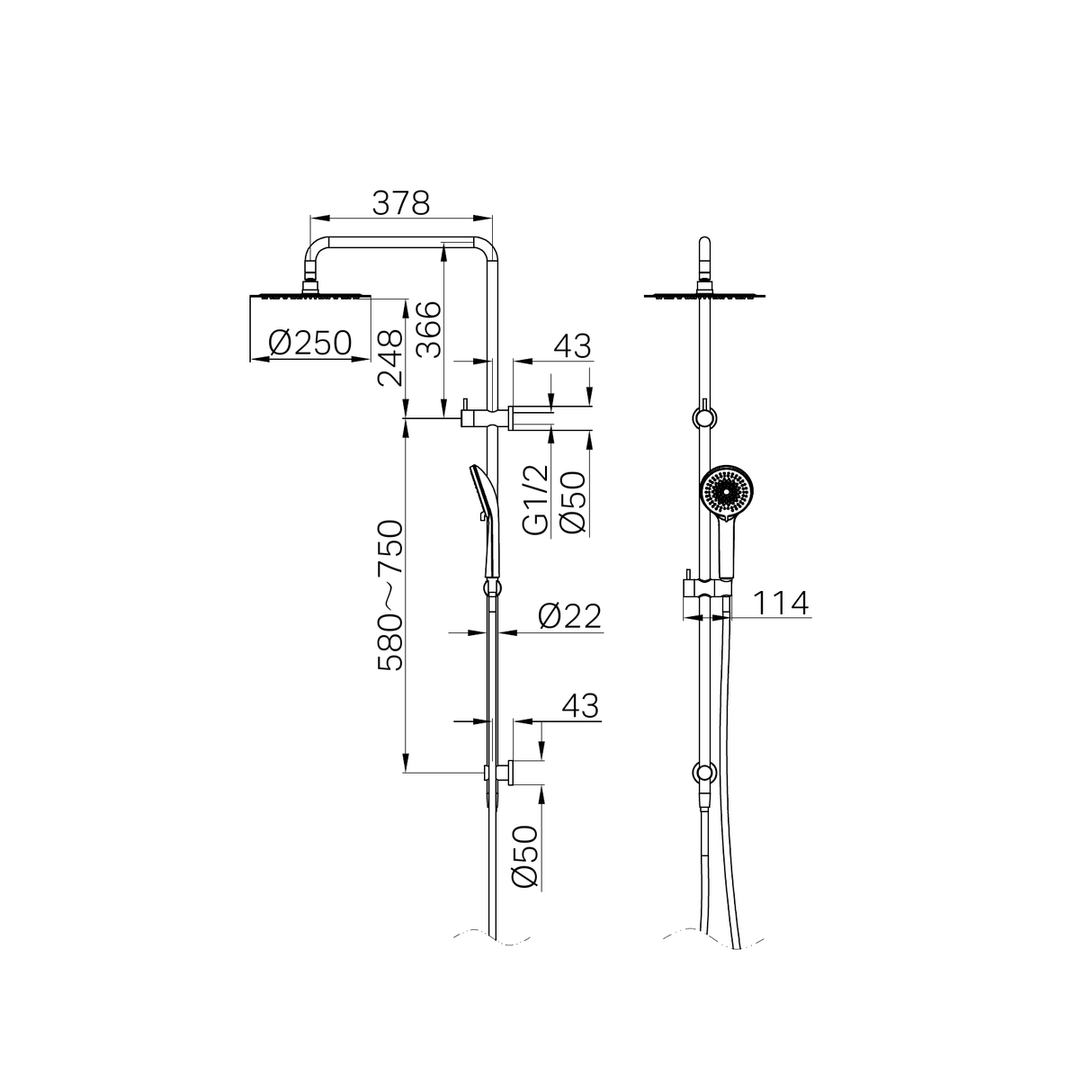 A line drawing of Nero Tapware Round Project Twin Shower 4 Star Rating Brushed Gold