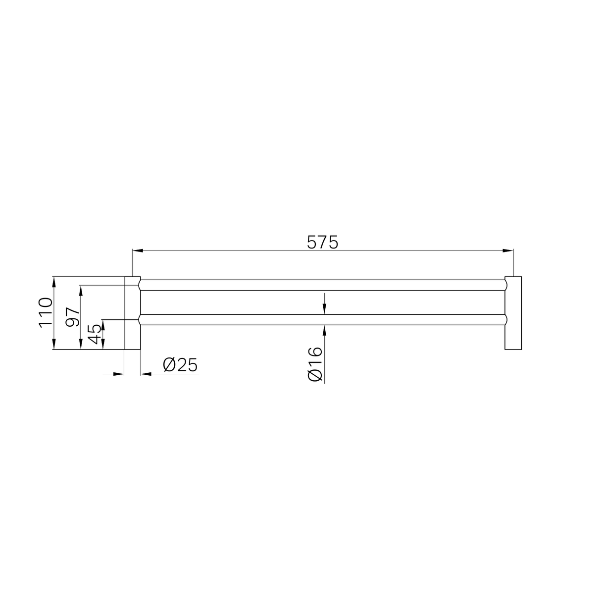 A line drawing of Nero Tapware New Mecca Double Towel Rail 600mm Chrome
