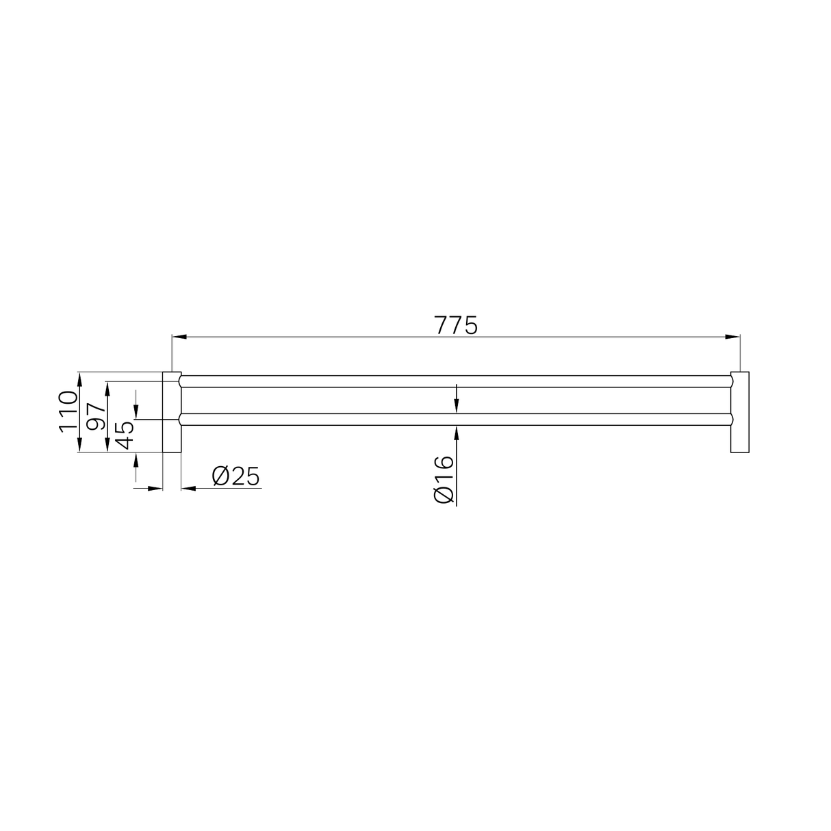 A line drawing of Nero Tapware New Mecca Double Towel Rail 800mm Brushed Nickel
