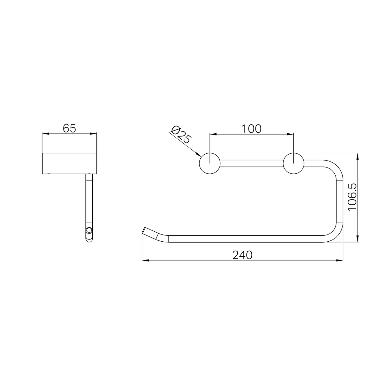 A line drawing of Nero Tapware New Mecca Hand Towel Rail Matte Black
