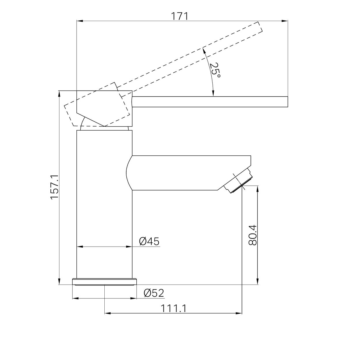 A line drawing of Nero Tapware Dolce Care Basin Mixer Chrome
