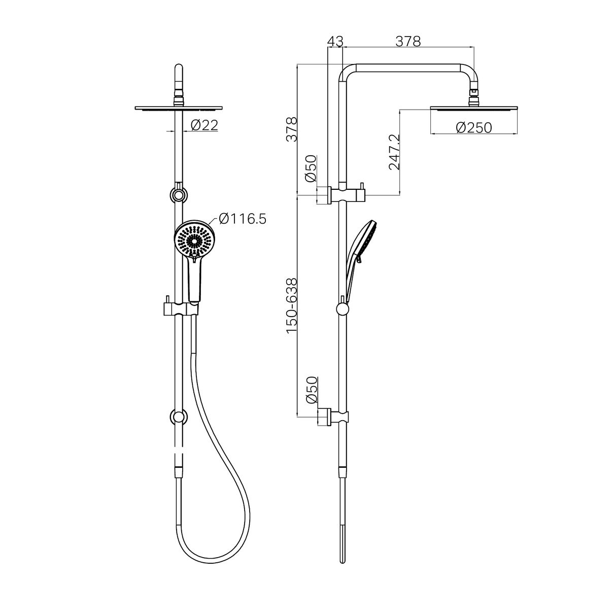 A line drawing of Nero Tapware Round Twin Shower Gun Metal