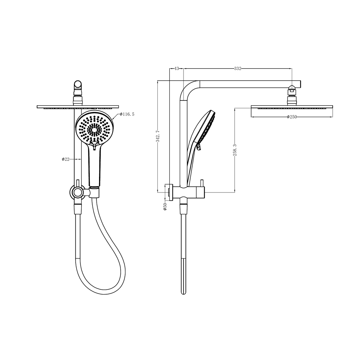 A line drawing of Nero Tapware Mecca 2 In 1 Twin Shower Gun Metal